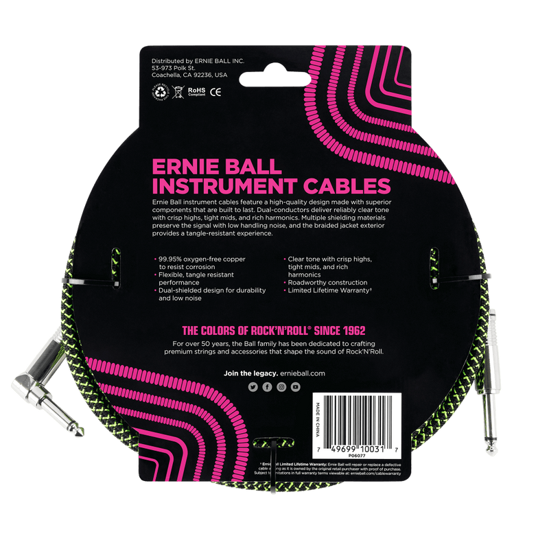 Ernie Ball 3 Meters Braided Straight / Angle Inst Cable, Black/Green