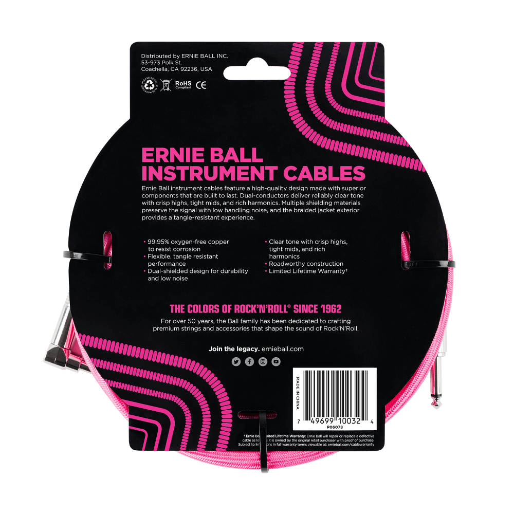 Ernie Ball 3 Meters Braided Straight / Angle Instrument Cable, Neon Pink