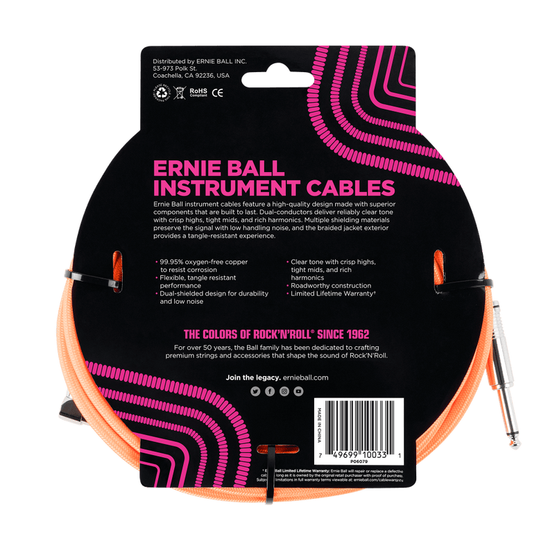Ernie Ball 3 Meters Braided Straight / Angle Inst Cable, Neon Orange
