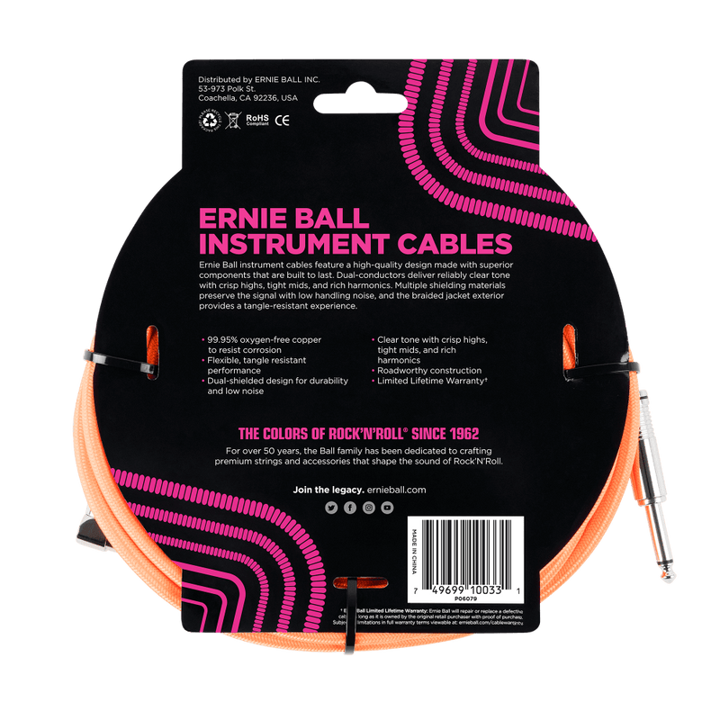 Ernie Ball 3 Meters Braided Straight / Angle Inst Cable, Neon Orange