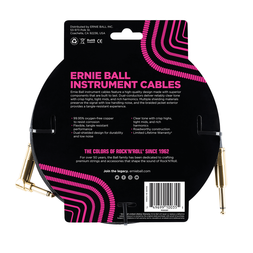 Ernie Ball 3 Meters Braided Straight / Angle Instrument Cable, Black