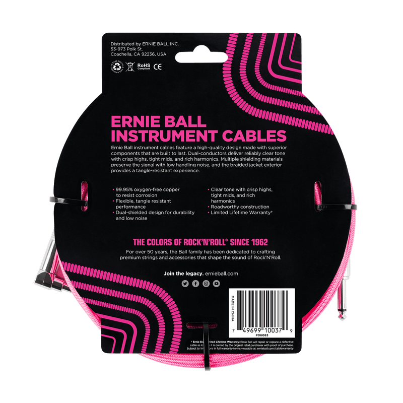 Ernie Ball 5.5 Meters Braided Straight / Angle Inst Cable, Neon Pink