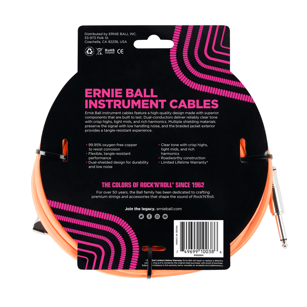 Ernie Ball 5.5 MetersBraided Straight / Angle Inst Cable, Neon Orange