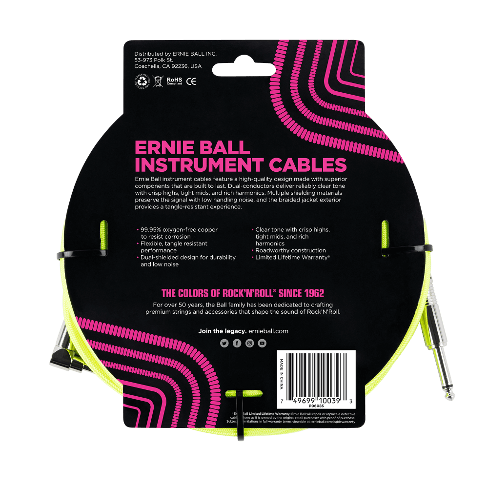Ernie Ball 5.5 Meters Braided Straight / Angle Inst Cable, Neon Yellow