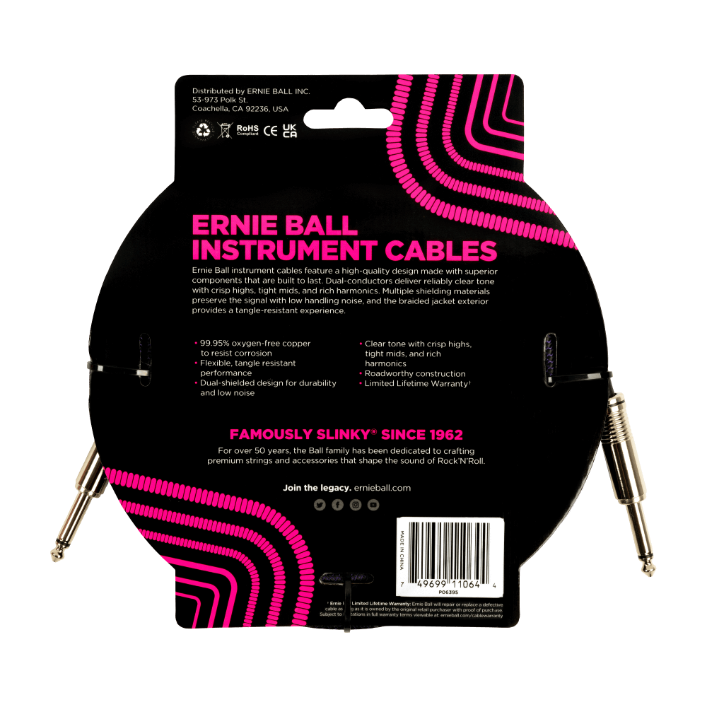 Ernie Ball 18ft Braided Straight Straight Inst Cable Purple Black