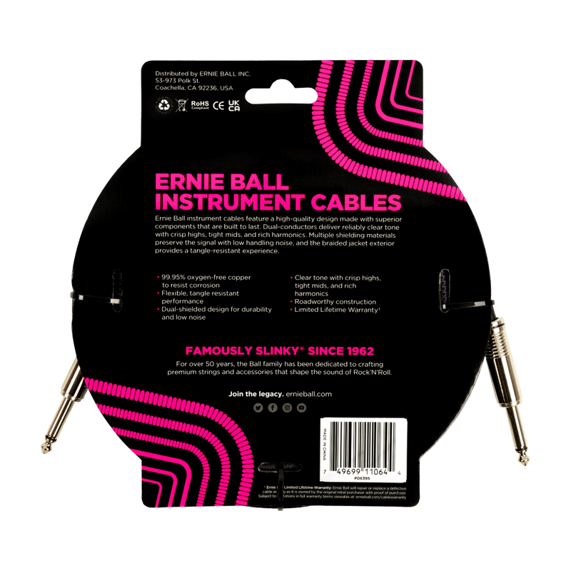 Ernie Ball 18ft Braided Straight Straight Inst Cable Purple Black