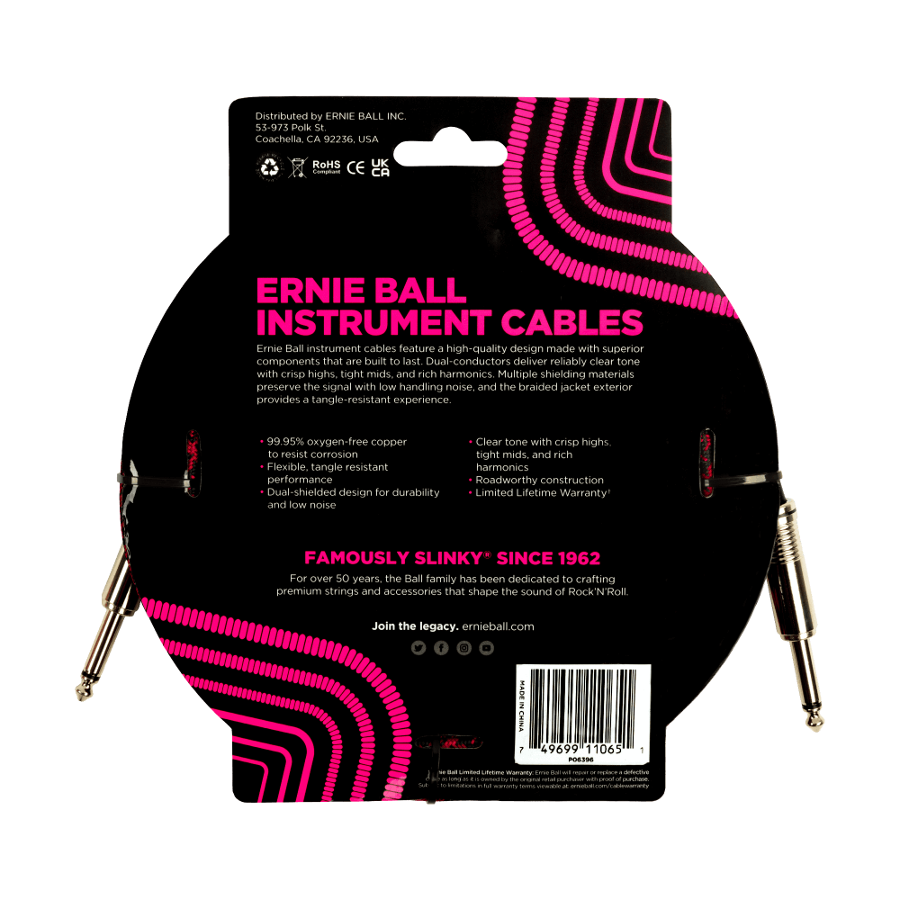 Ernie Ball 18ft Braided Straight Straight Inst Cable Red Black