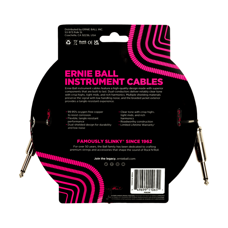 Ernie Ball 18ft Braided Straight Straight Inst Cable Red Black