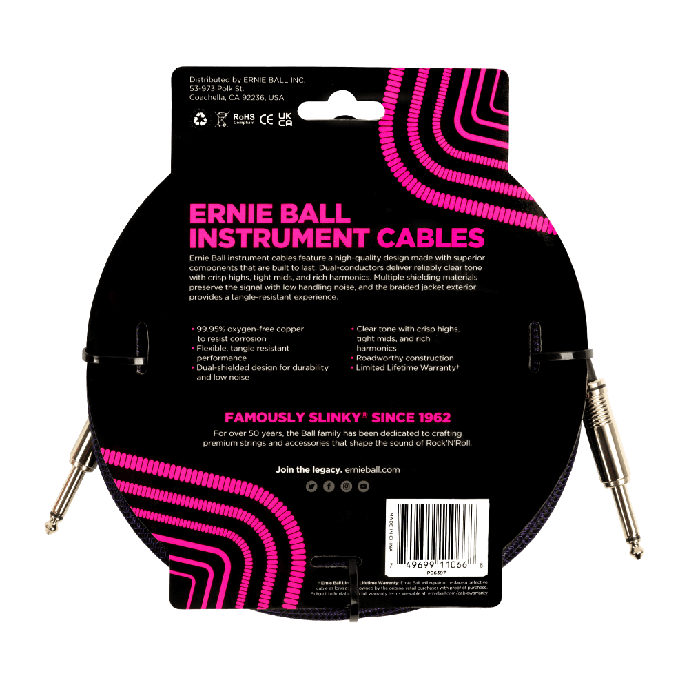 Ernie Ball 25ft Braided Straight Straight Inst Cable Purple Black