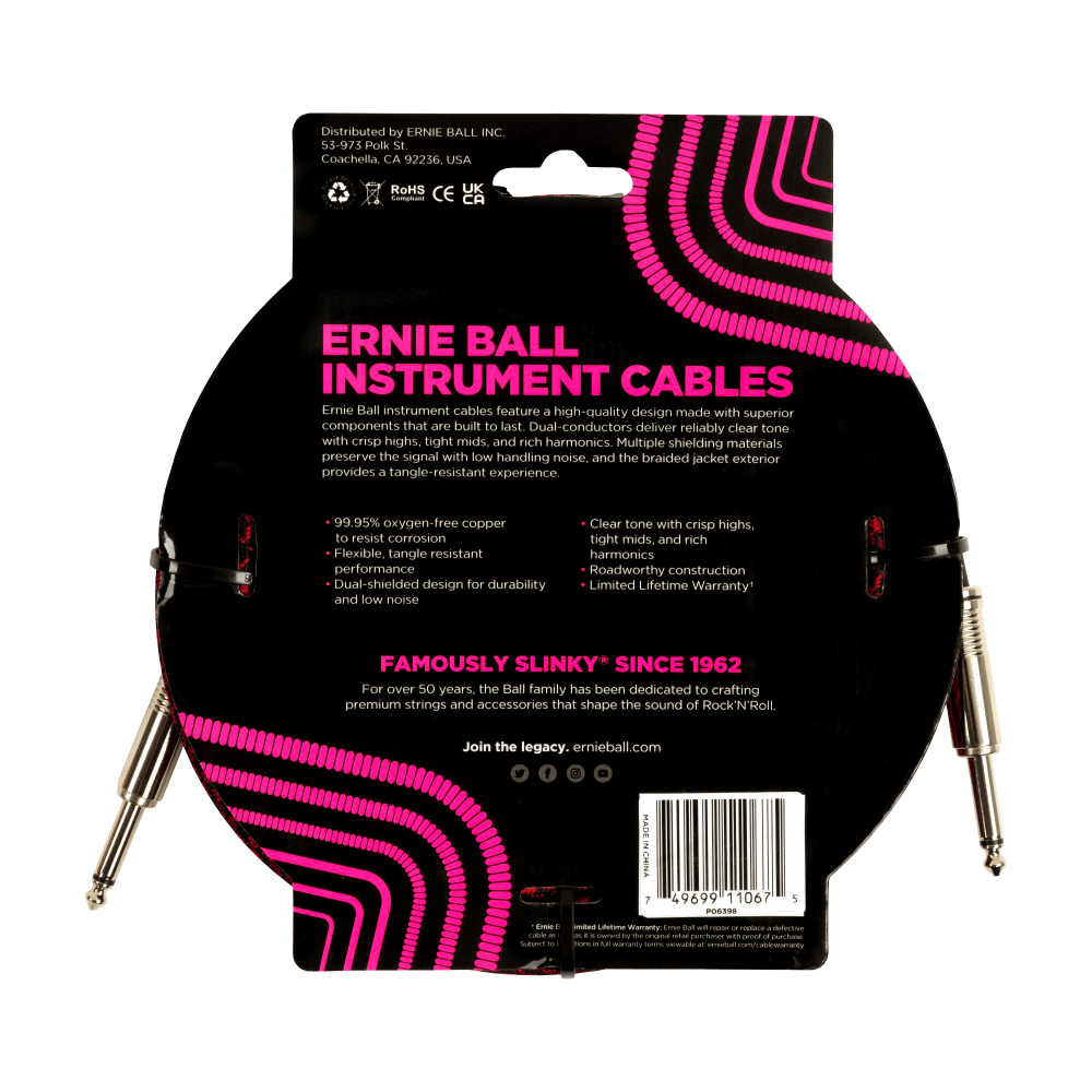 Ernie Ball 25ft Braided Straight Straight Inst Cable Red Black