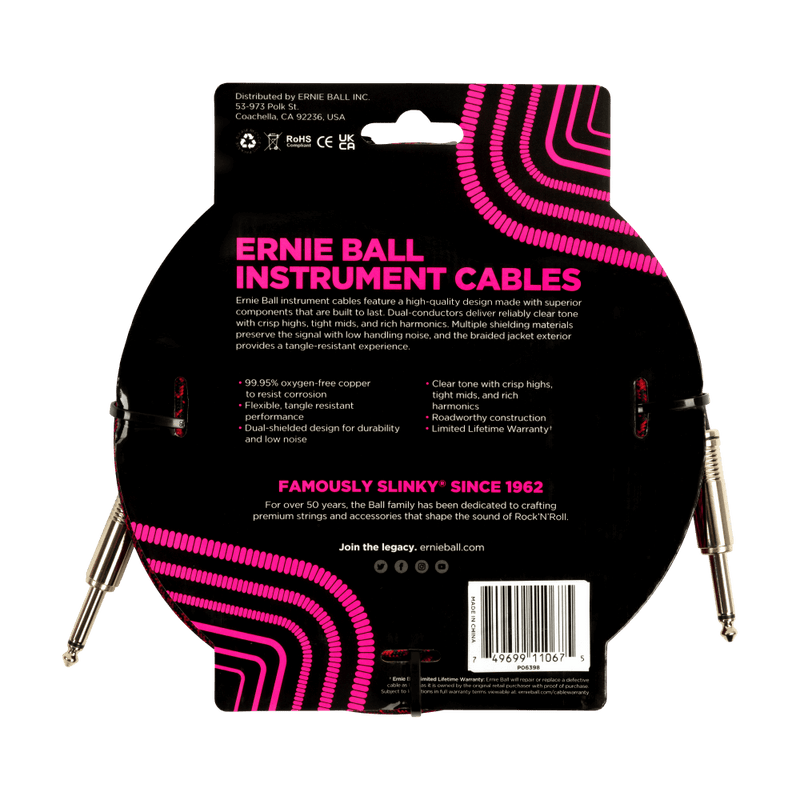 Ernie Ball 25ft Braided Straight Straight Inst Cable Red Black