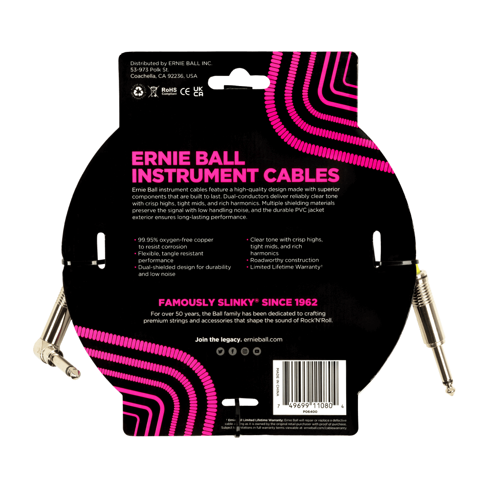 Ernie Ball 15ft PVC Straight Angle Inst Cable White