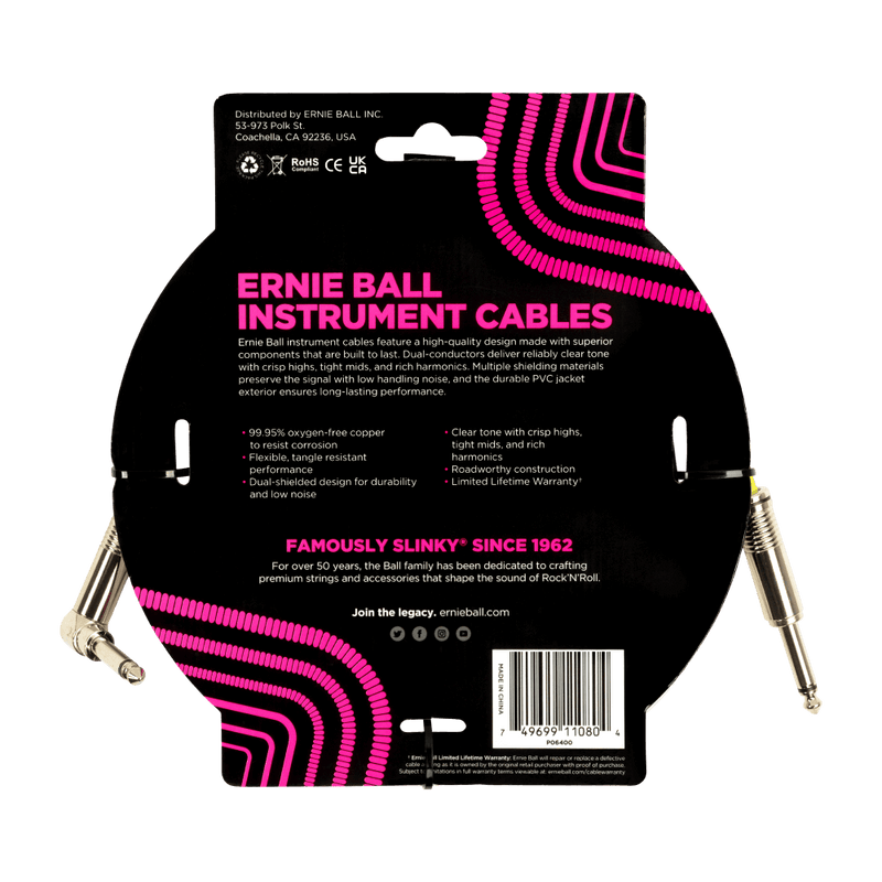 Ernie Ball 15ft PVC Straight Angle Inst Cable White