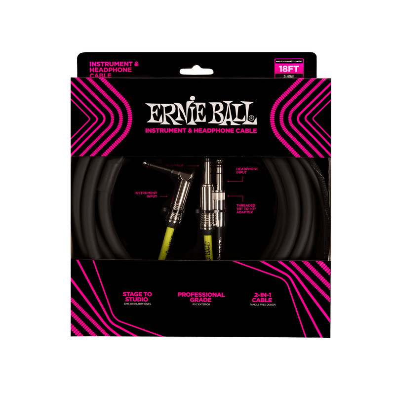 Ernie  Ball 18' Instrument & Headphone Cable Black