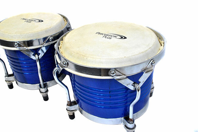 Percussion Plus Deluxe 7.5 & 8.5" Wooden Bongos in Gloss Blue Lacquer Finish