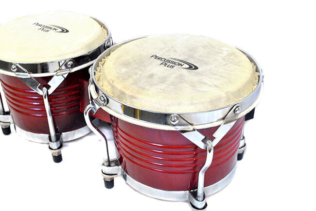Percussion Plus Deluxe 7.5 & 8.5" Wooden Bongos in Gloss Red Lacquer Finish