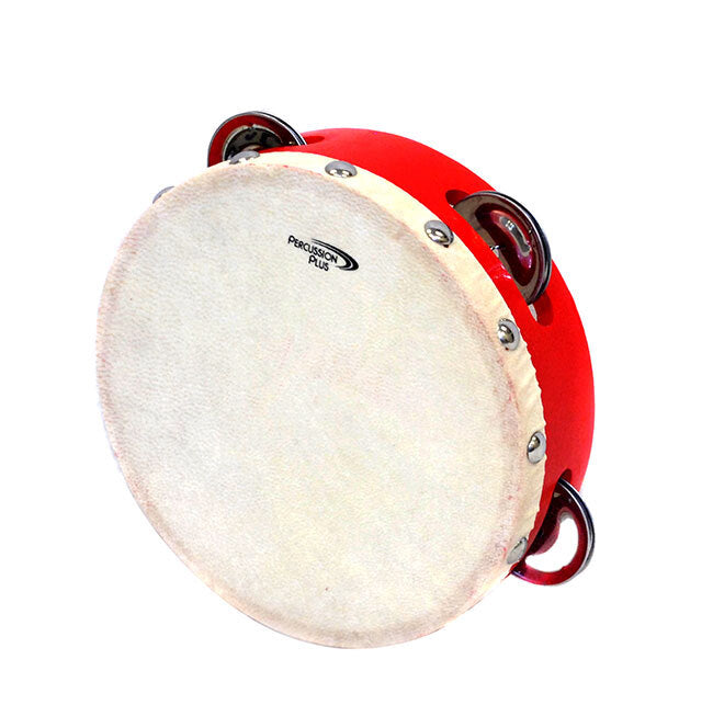 Percussion Plus 6" Wooden Tambourine with Head & 4-Single Rows of Jingles