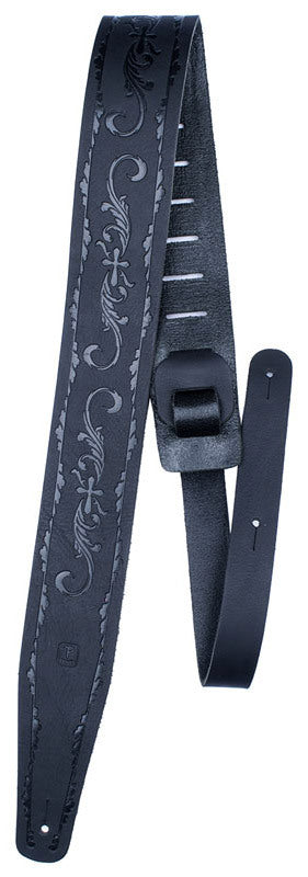 Perris 2.5" Black Belt Leather Guitar Strap with Embossed Scroll Design