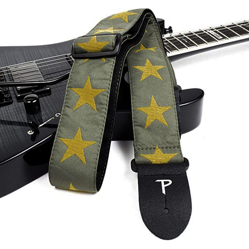 Perris 2" Jacquard Guitar Strap with Yellow Stars on Green Backing