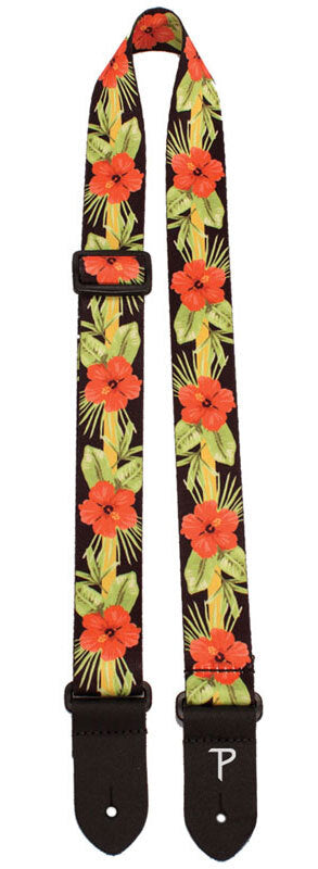 Perris 1.5" Polyester Ukulele Strap in Orange Luau Floral Design with Leather ends