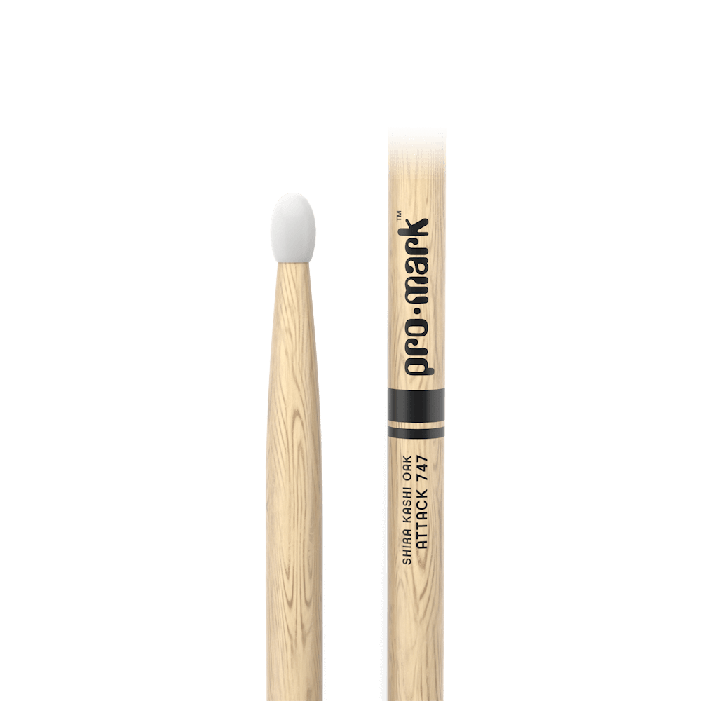 Promark Classic Attack 747 Shira Kashi Oak Drumstick, Oval Nylon Tip