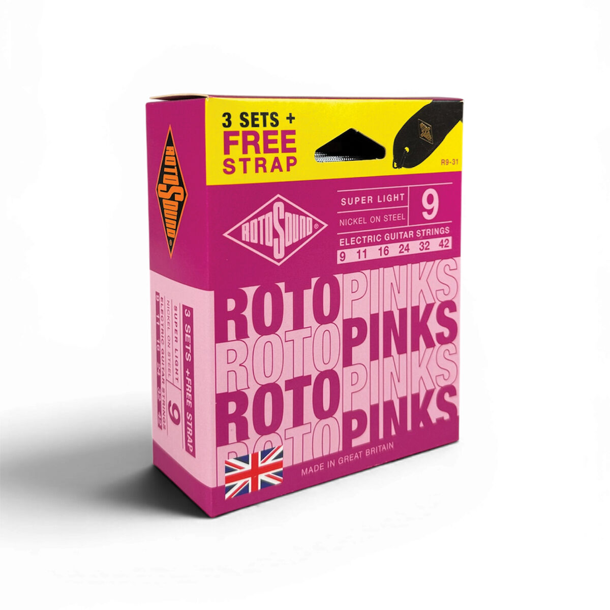 Rotosound Roto Pinks Electric Value 3-Pack String Set + Bonus Strap [R931]