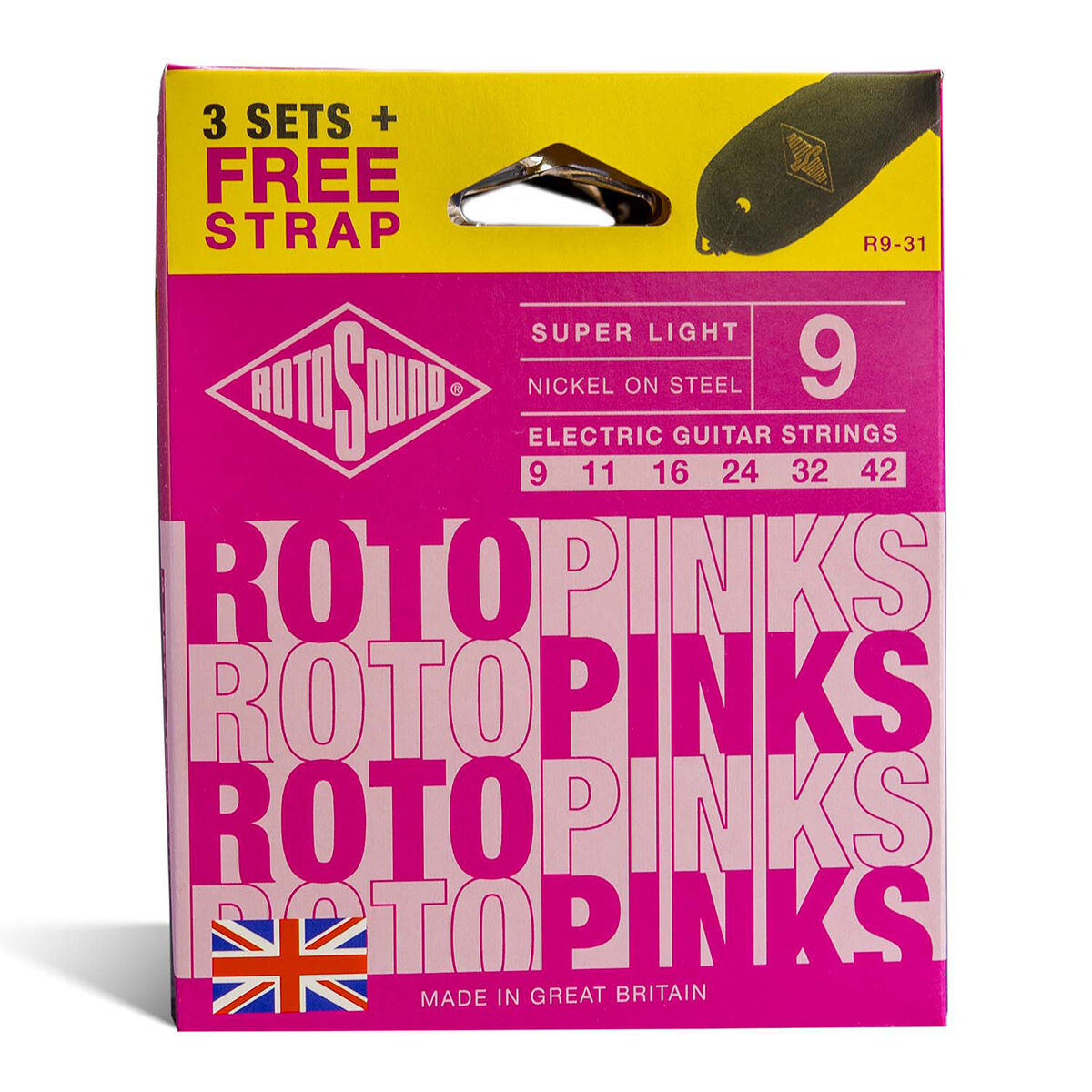 Rotosound Roto Pinks Electric Value 3-Pack String Set + Bonus Strap [R931]