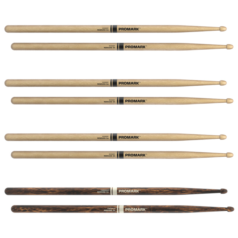 ProMark Rebound 5A Hickory Drumstick, Acorn Wood Tip, FireGrain Bonus 4-Pack