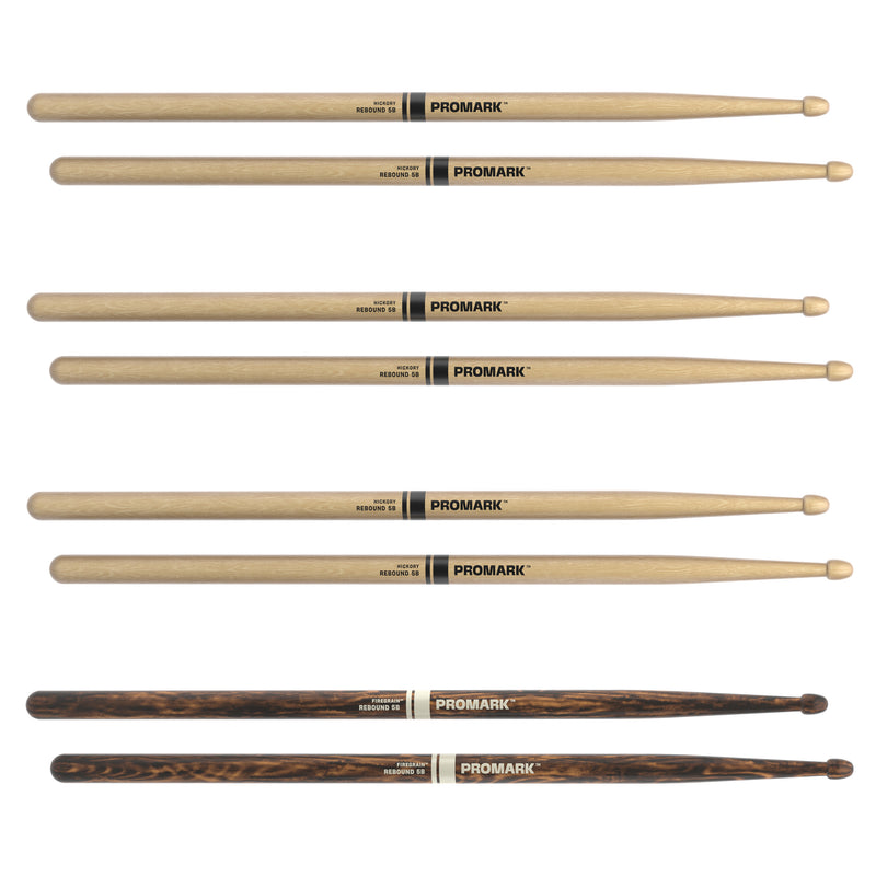 ProMark Rebound 5B Hickory Drumstick, Acorn Wood Tip, FireGrain 4-Pack