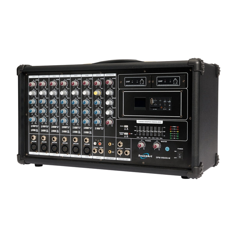 SoundArt 8 Channel 400 Watt Dual Wireless Powered Mixer PA System with MP3 Player