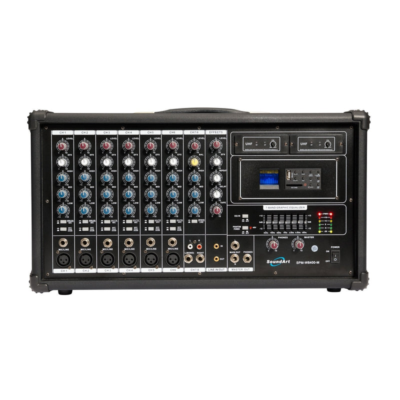 SoundArt 8 Channel 400 Watt Dual Wireless Powered Mixer PA System with MP3 Player