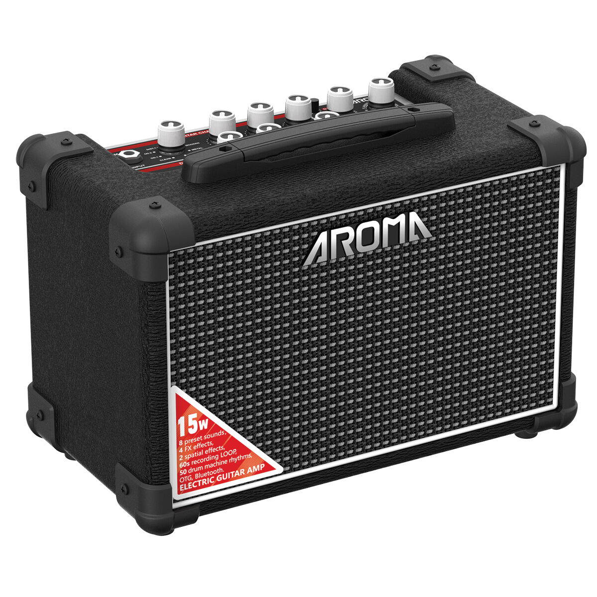 Aroma 15W Black Electric Guitar Amplifier with Footswitch and Drum Machine [TM-15S]