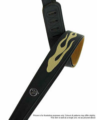 Vorson Black Leather Guitar Strap with Stitched Gold Flame Design