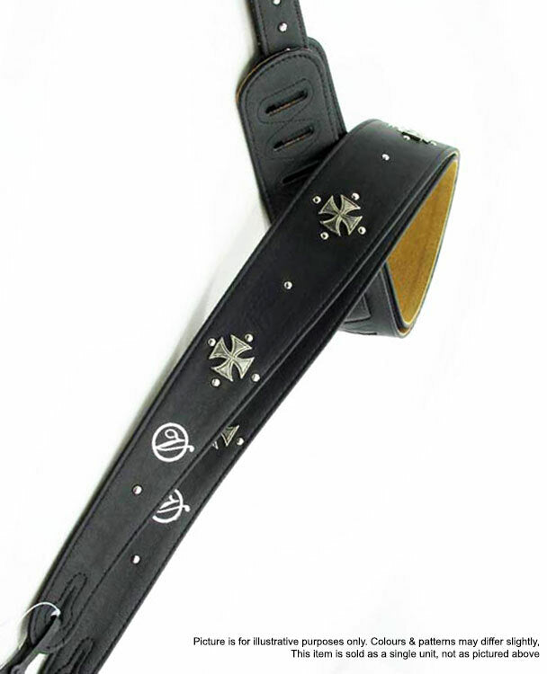 Vorson Black Leather Guitar Strap with Metal Iron Crosses