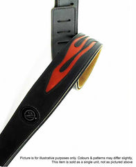 Vorson Black Leather Guitar Strap with Stitched Orange Flame Design