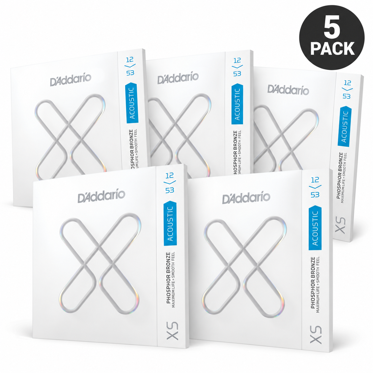 Five individual D'Addario XSAPB1253 XS Phosphor Bronze 12-53 Light acoustic guitar string sets - 5 pack