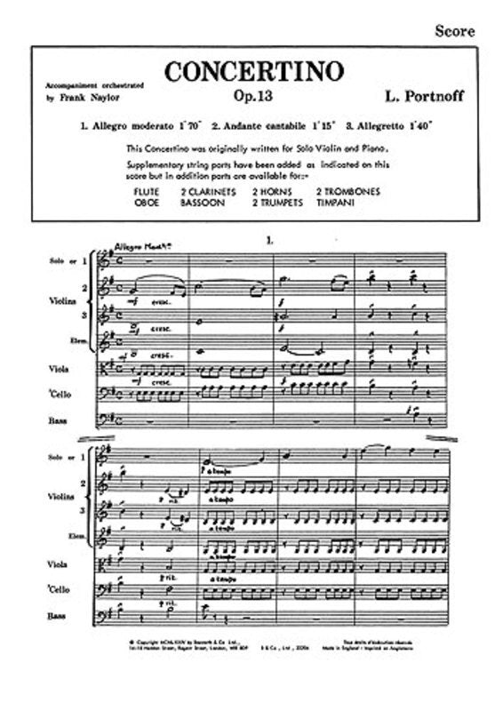 Portnoff - Concertino Op 13 Orchestra Sc/Pts