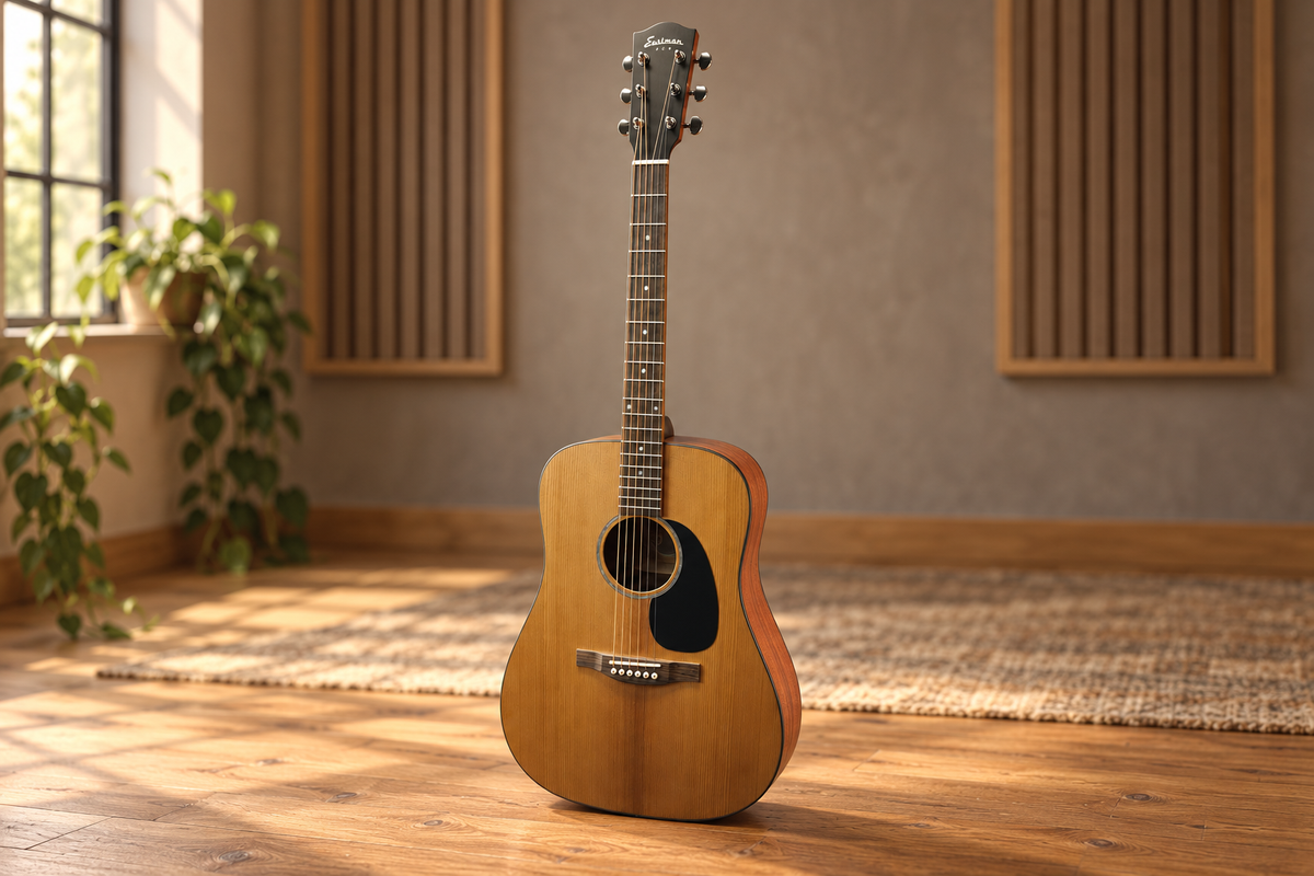 Eastman natural-finish acoustic guitar in a warm music studio