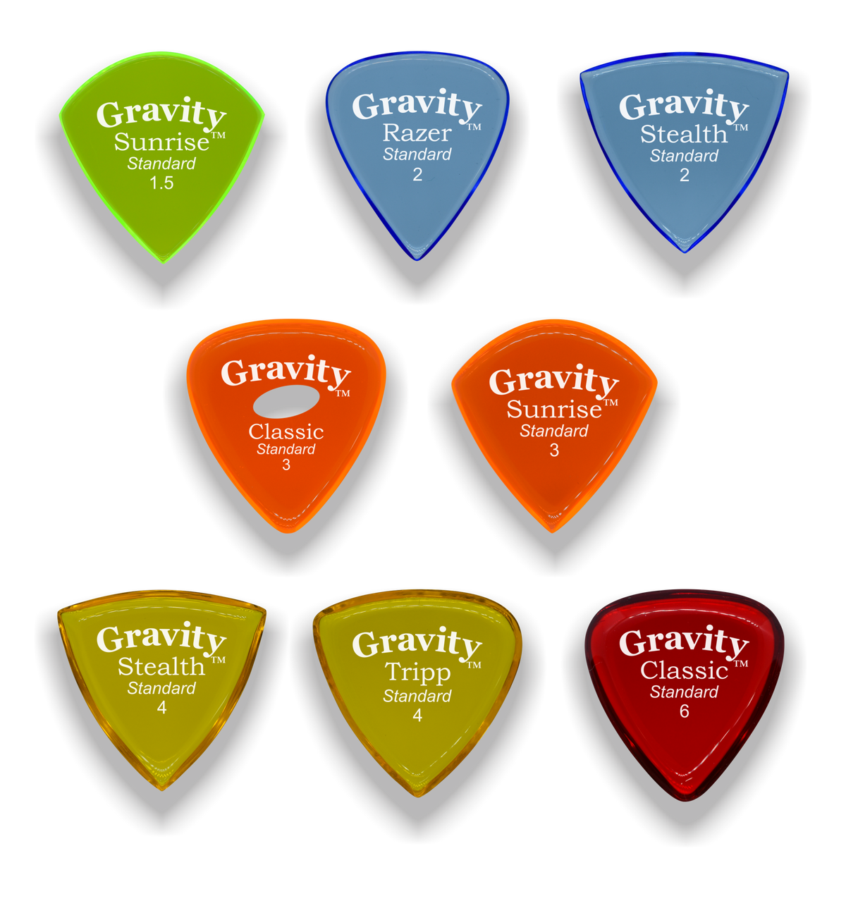 Gravity Picks Thick pick Variety Pack - Sunrise Standard 1.5mm, Razer Standard 2mm, Stealth Standard 2mm, Sunrise Standard 3mm, Classic Standard 3mm Elipse, Stealth Standard 4mm, Tripp Standard 4mm, Classic Standard 6mm