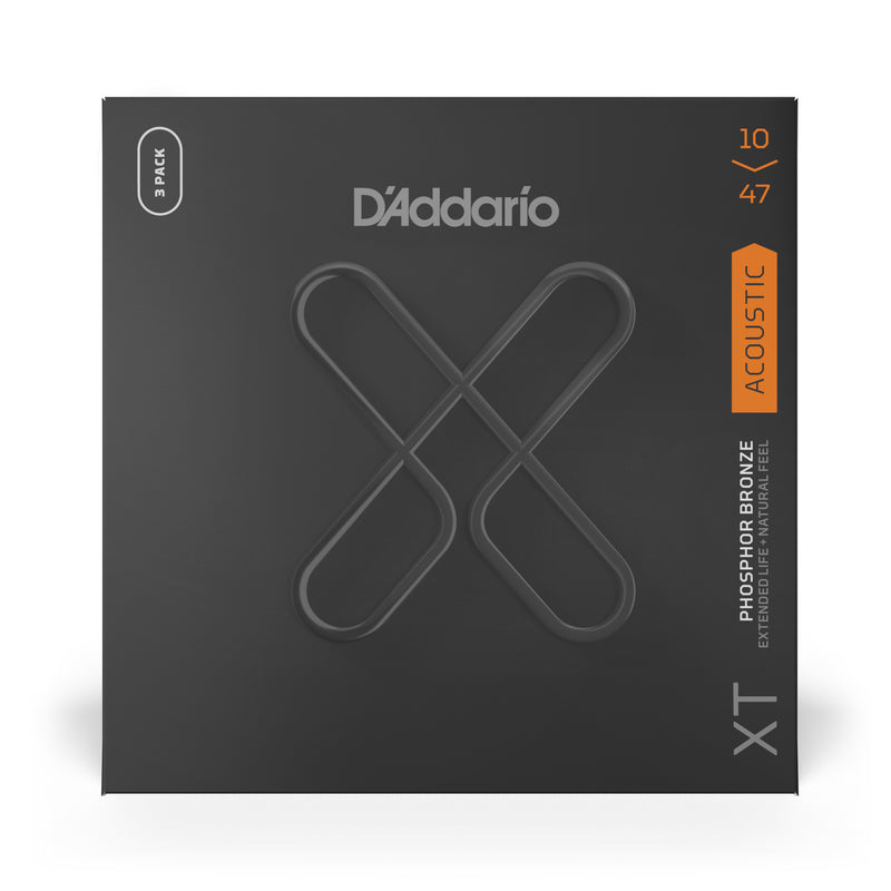 D'Addario XTAPB1047 XT Phosphor Bronze Acoustic Guitar Strings, Light, 10-47, 3 Sets