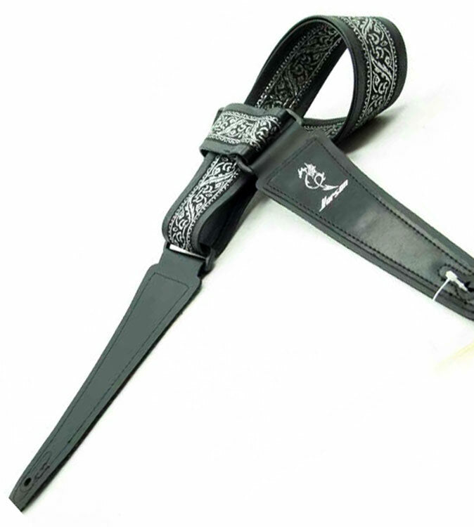 Vorson Black Leather Guitar Strap with Special Design 8 Fabric Inlay